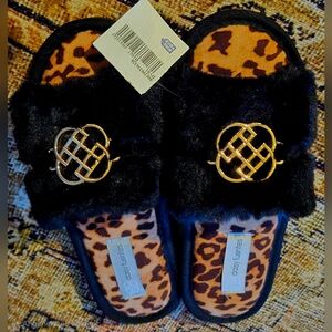 📣 Daisy Fuentes Black 🖤 🐆 Fur 🏡 Slippers Gold Hardware 🆕 Tags Small 6-7 🎁